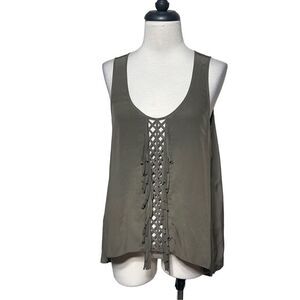 BCBGMAXAZRIA NWT Mura Dusty Olive Sleeveless Silk Fringed Top Size Small